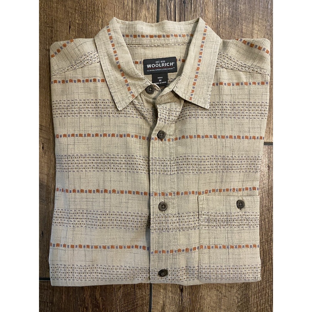 Woolrich Beige Stipe Hawaiian 100% Cotton Made in India Button Down Men's Medium